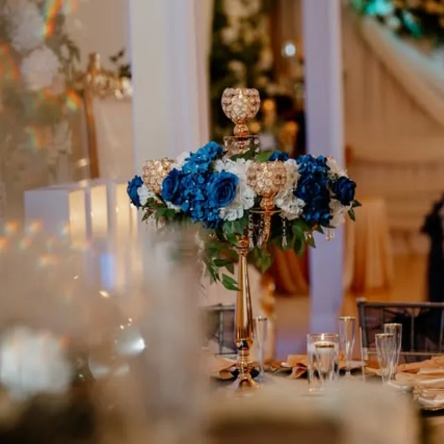Blue floral centerpiece at Nencini Ballroom