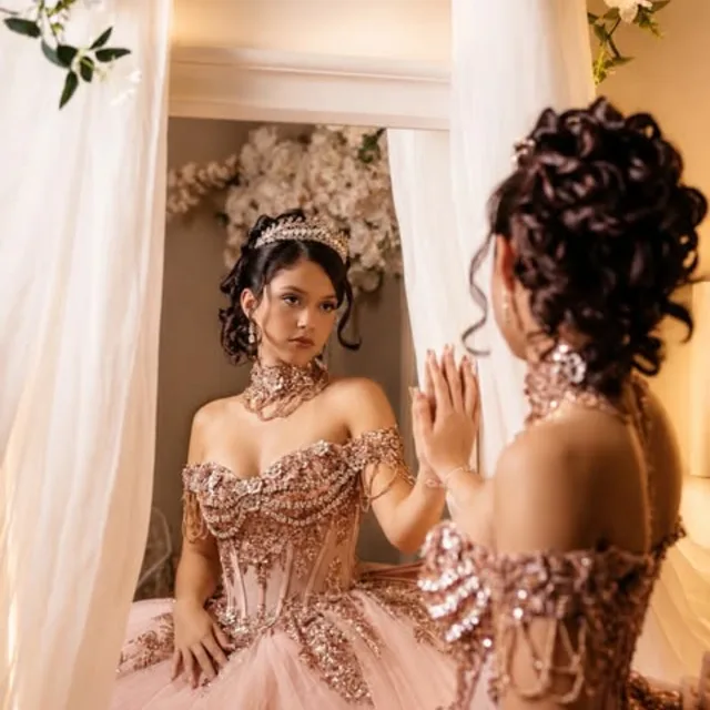 Quinceañera portrait reflected in a mirror