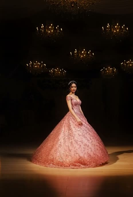 Quinceanera portrait beneath chandelier light at Nencini Ballroom